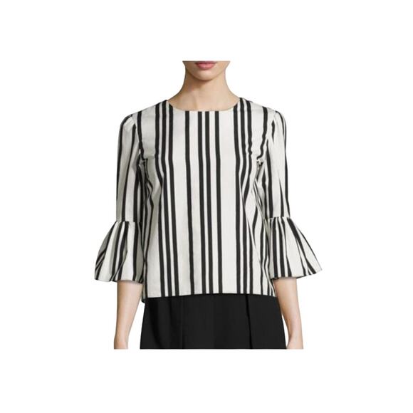 ALICE AND OLIVIA Bernice Ruffle-trimmed Striped Cotton Top In Variegated Stripe - Picture 2 of 8